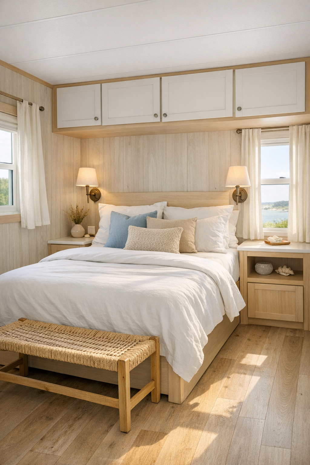 Serene coastal bedroom with layered white bedding, soft blue accents, and built-in storage