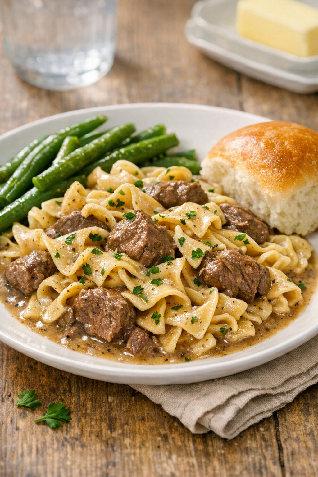 Plated Amish egg noodle beef with sides