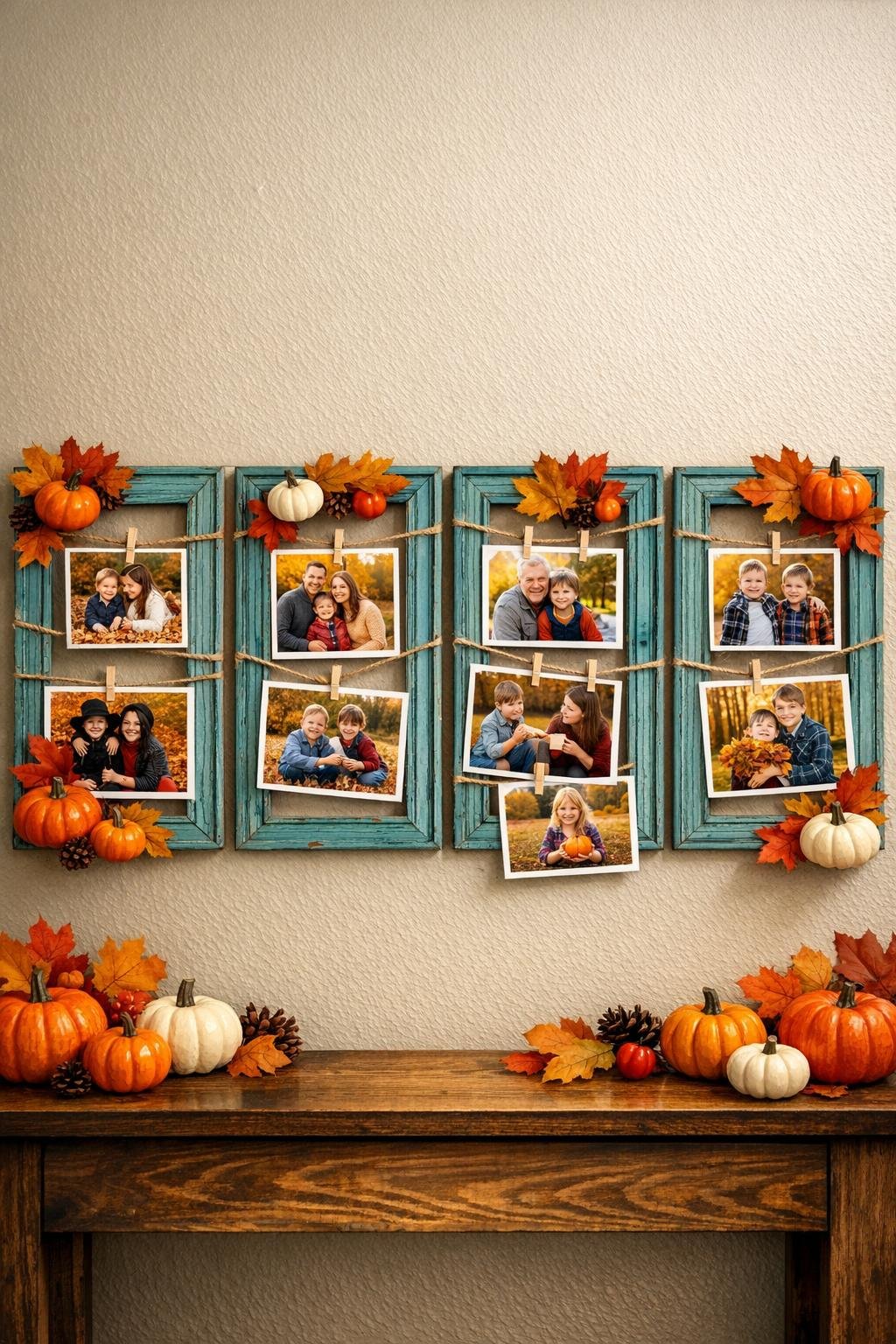 Finished fall photo display made from four painted old wooden picture frames