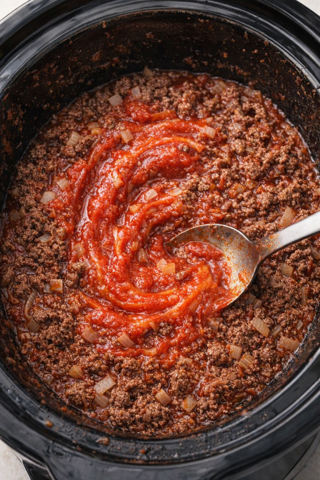 Tomato sauce being stirred into beef and onions in a slow cooker