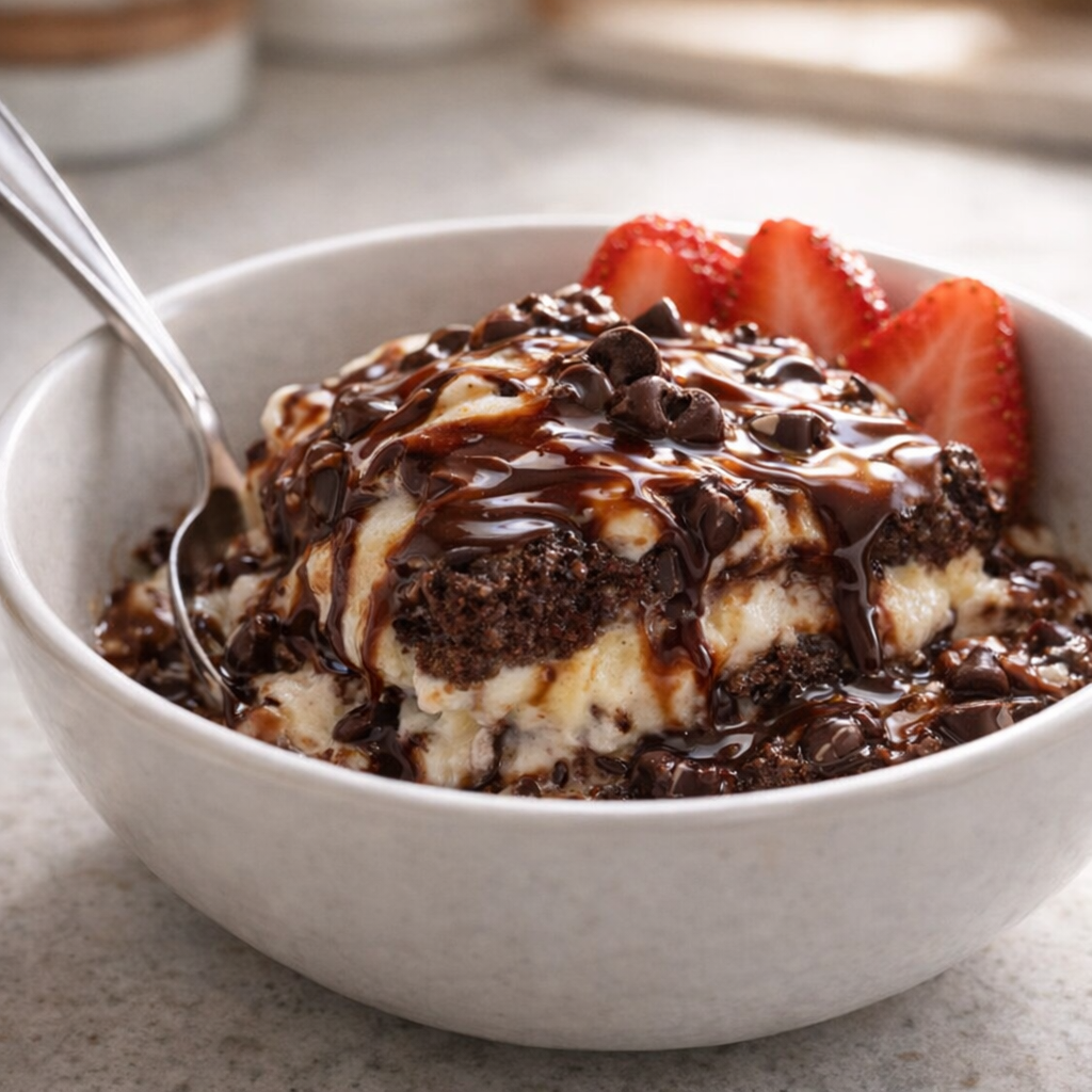 Single bowl of warm ice cream sandwich bake with chocolate drizzle