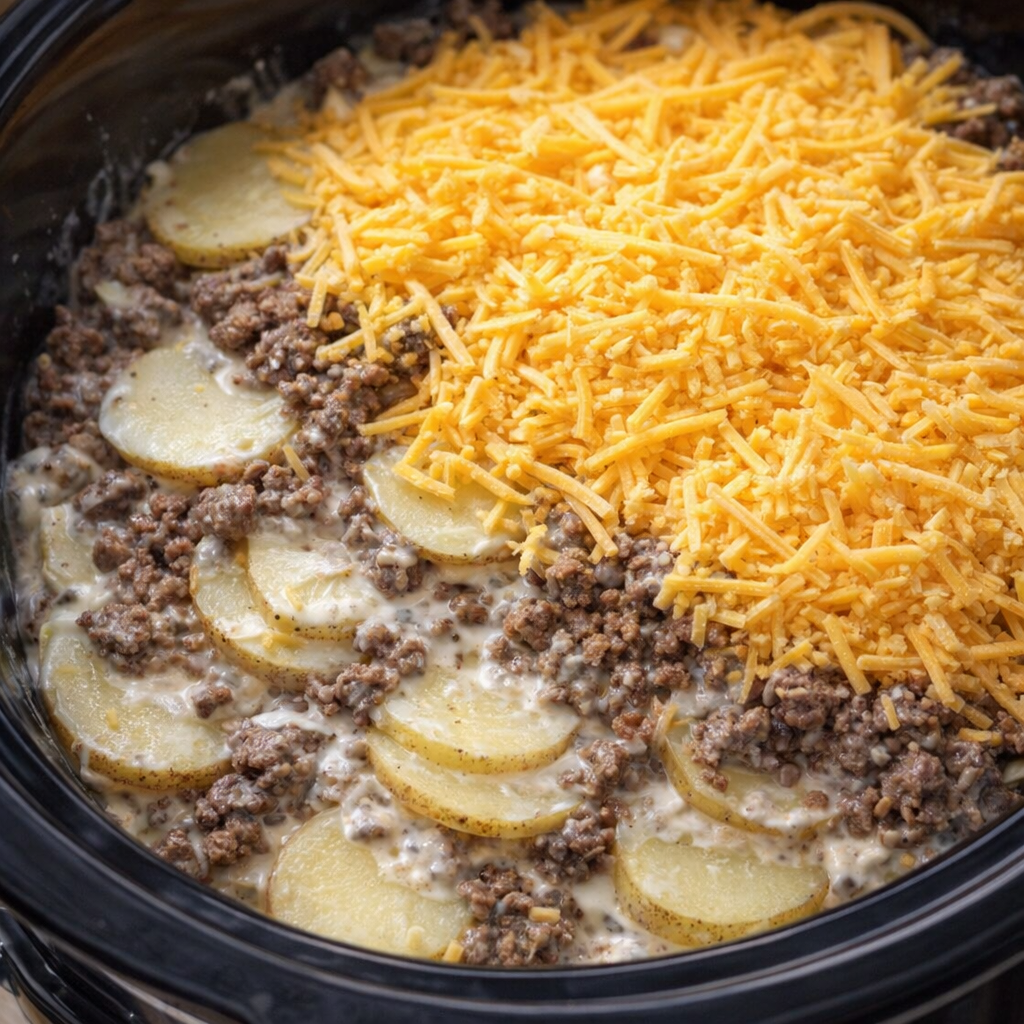 Layered casserole assembled in the slow cooker