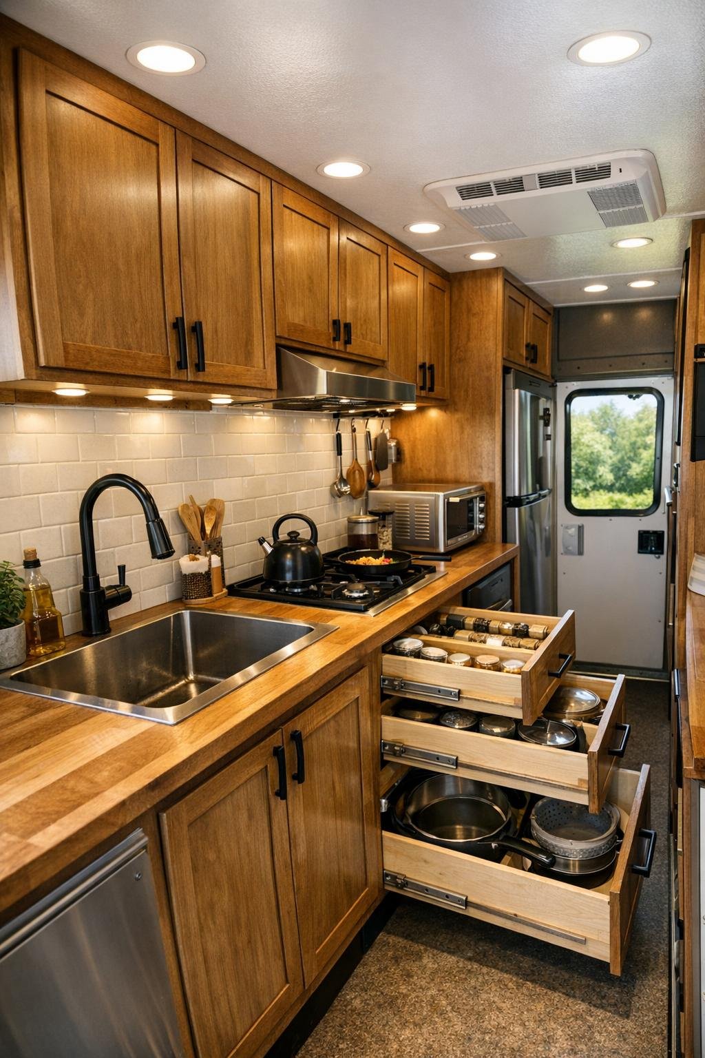 Well-designed camper kitchen with warm wood cabinets and generous counter space