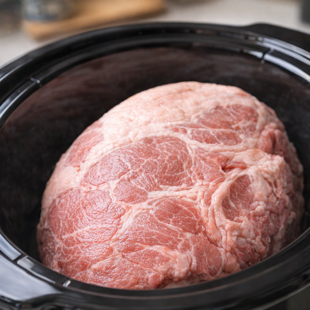 Pork shoulder resting in a slow cooker before seasoning
