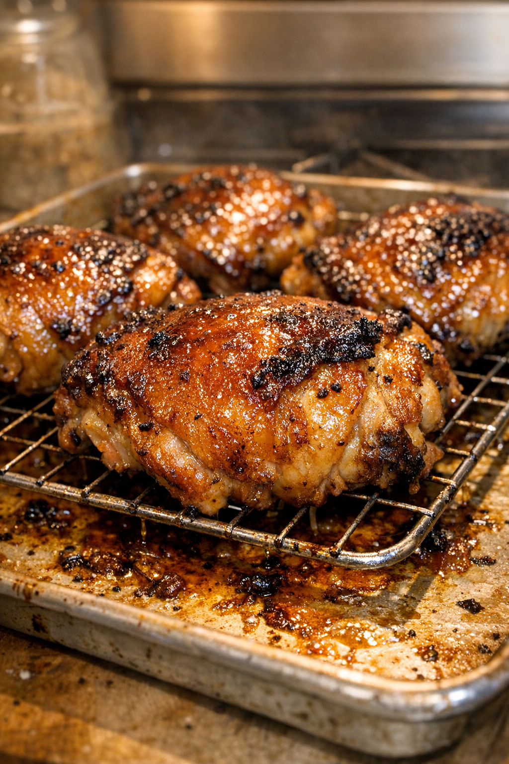 Roasted chicken thighs on a wire rack with glossy browned skin