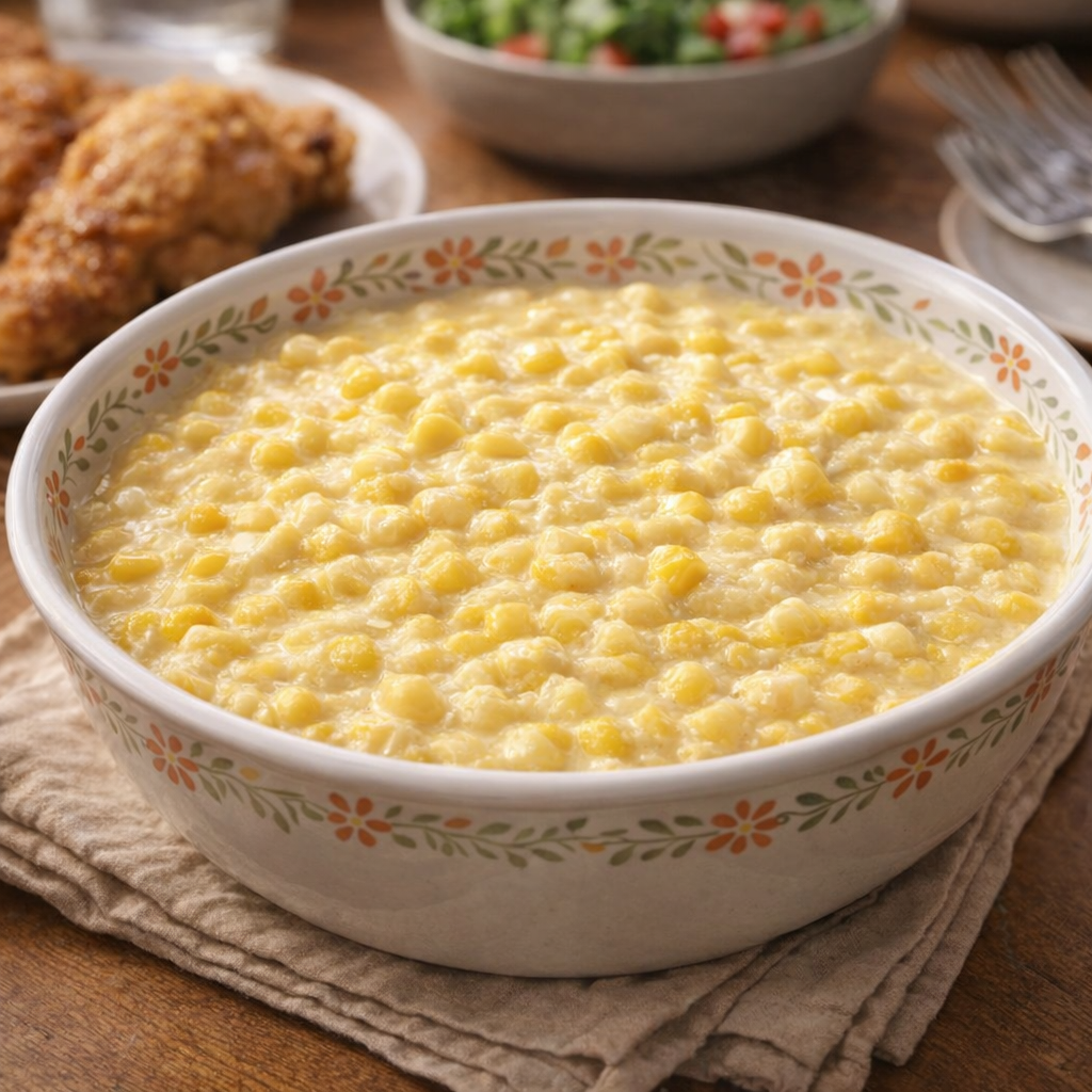 Creamed corn served in a patterned bowl on a family dinner table