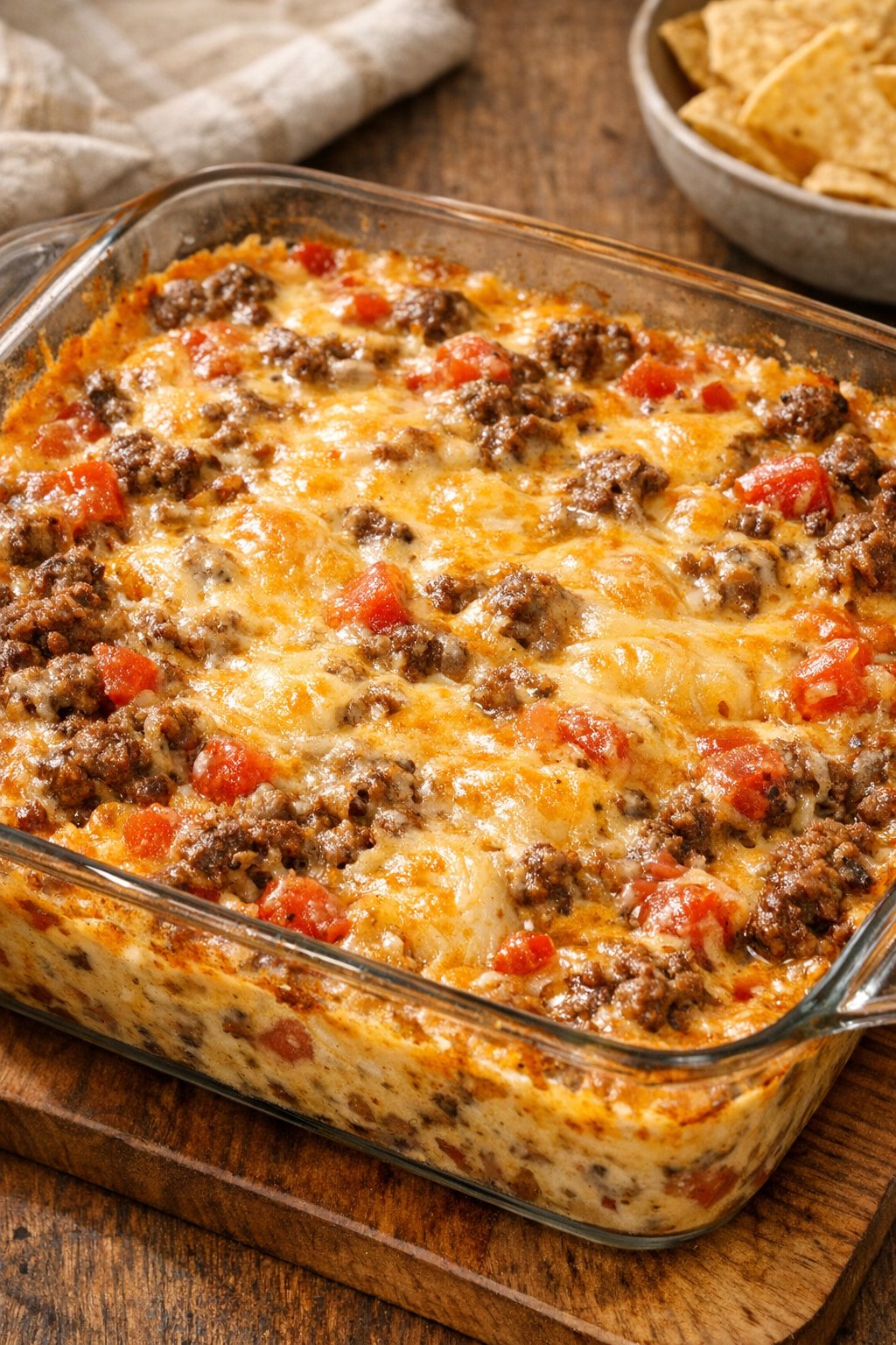 Hot bubbling queso dip in casserole dish