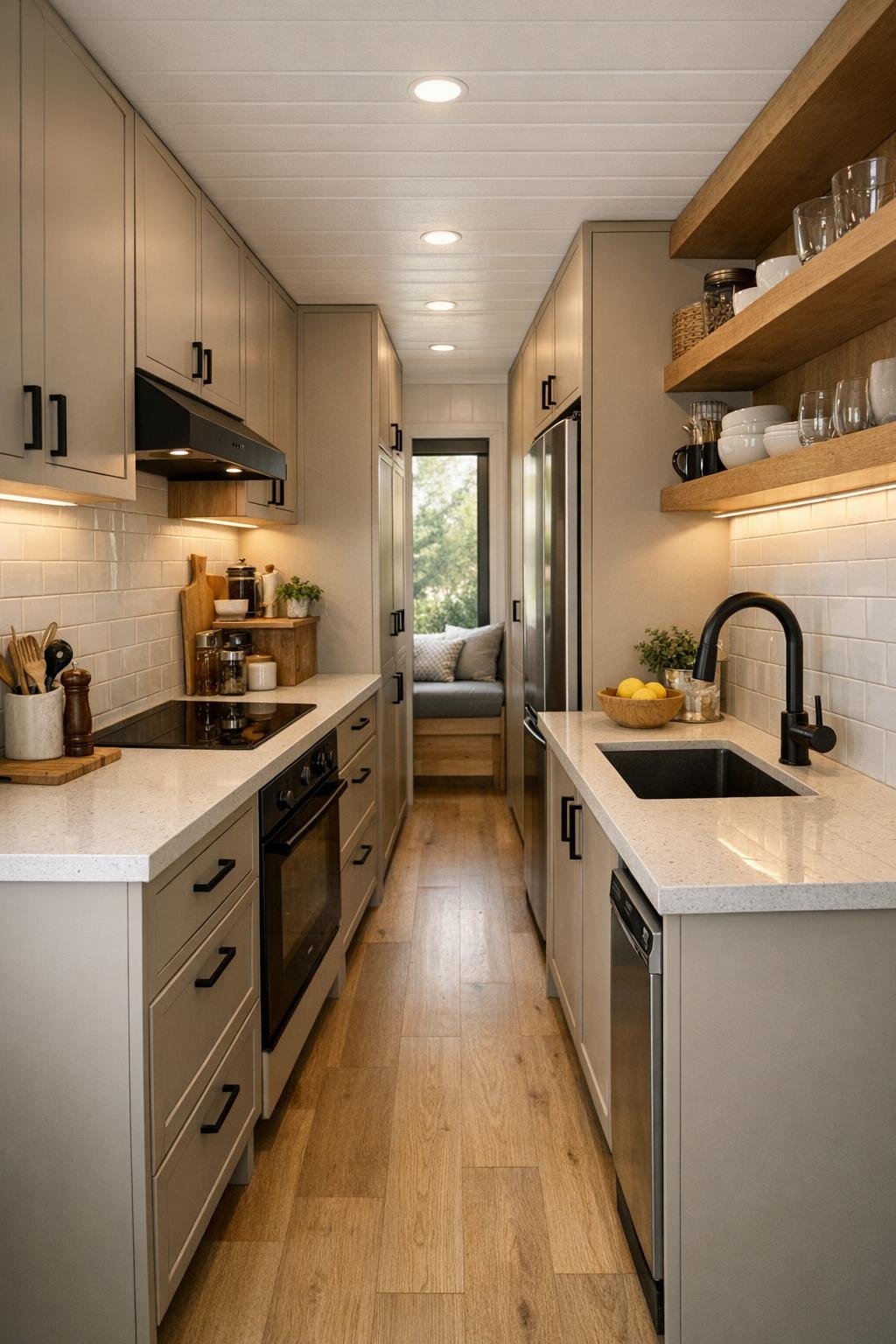 Narrow container home kitchen with greige cabinets, quartz counters, and open shelving