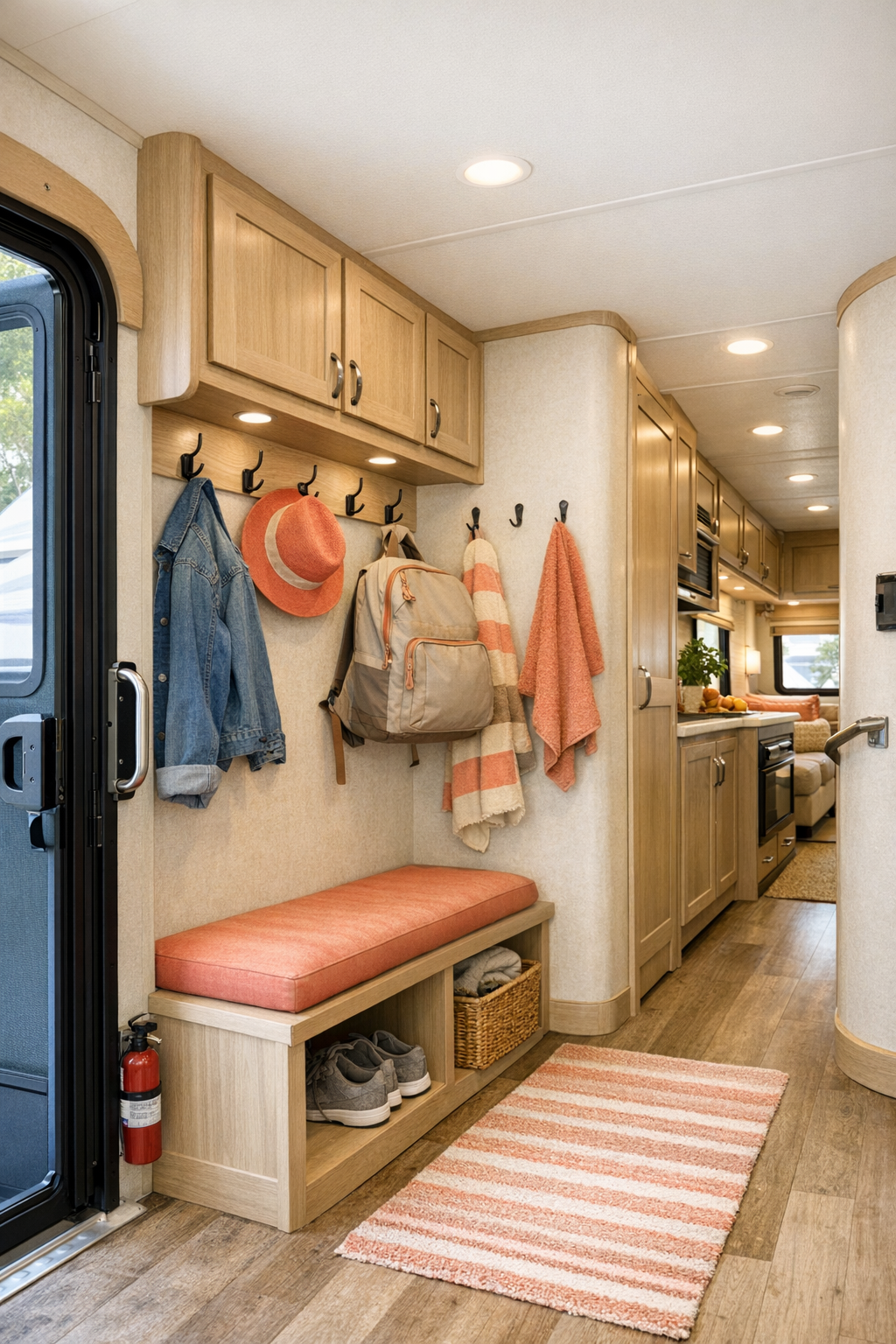 RV entry and hallway with built-in storage in coral, cream, and oak