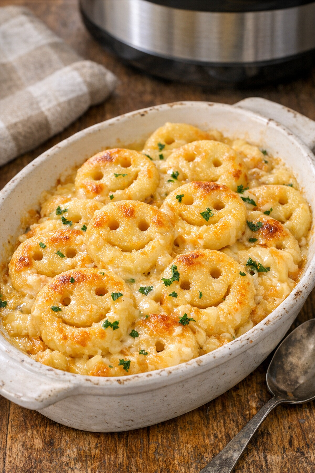 Finished Amish picnic spuds in a serving dish