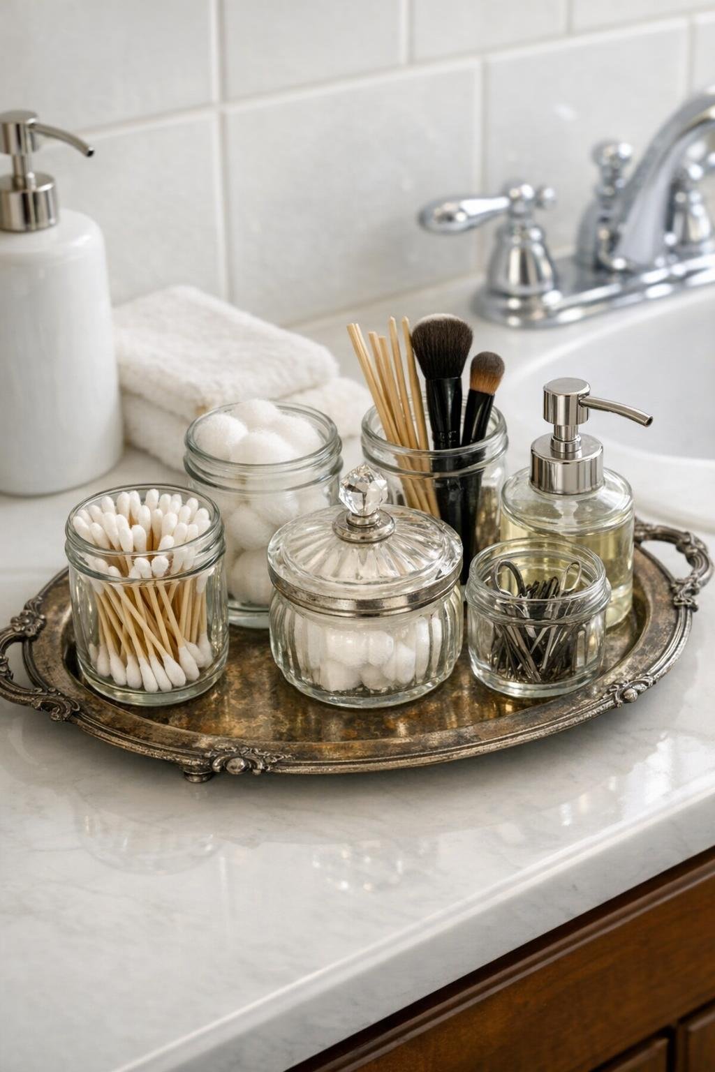 Finished bathroom tray organizer with glass jars on a vintage silver tray