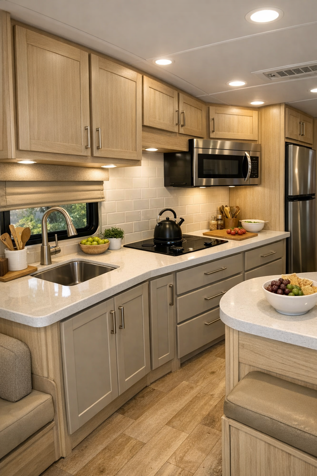 Accessible RV kitchen with light wood cabinetry and warm white counters
