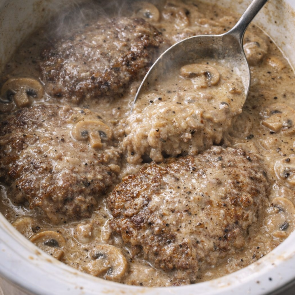 Slow cooker cube steak in creamy mushroom gravy