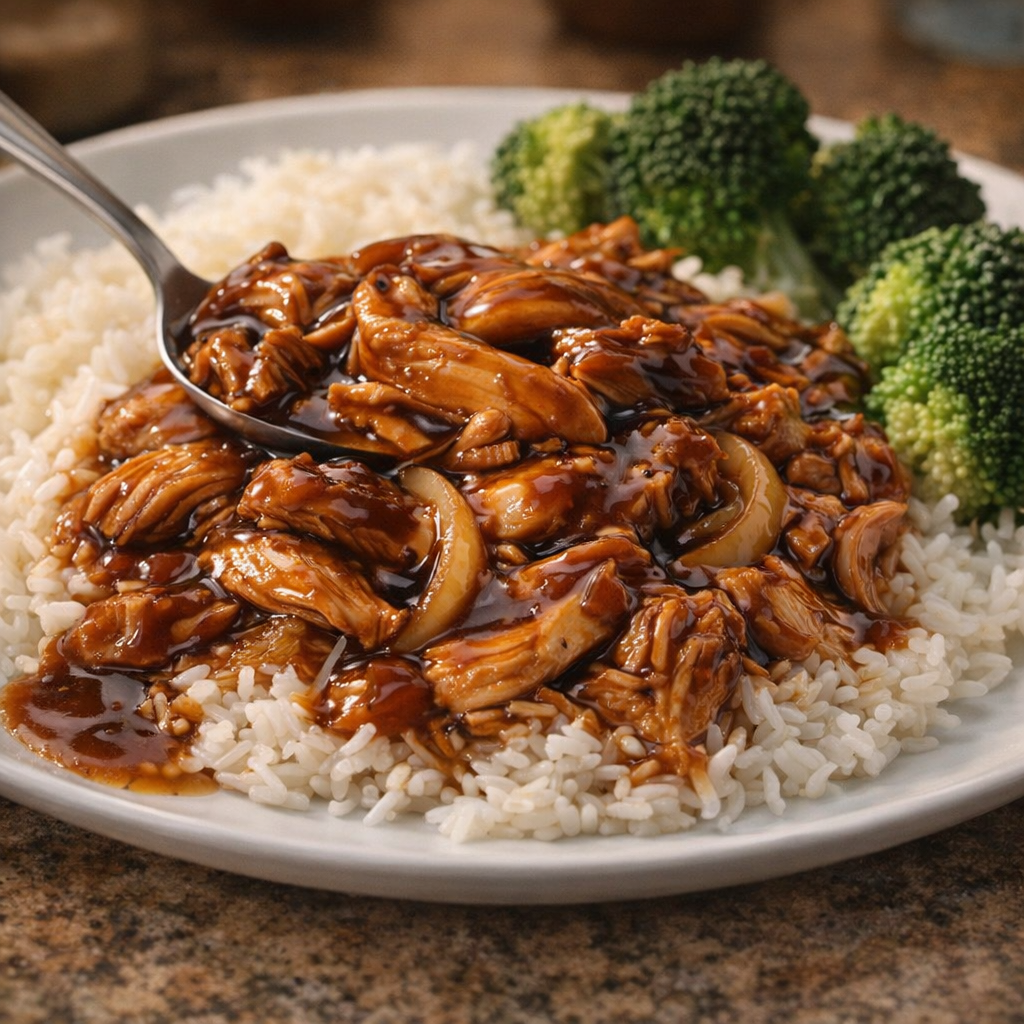 Teriyaki chicken served over rice with broccoli on a dinner plate