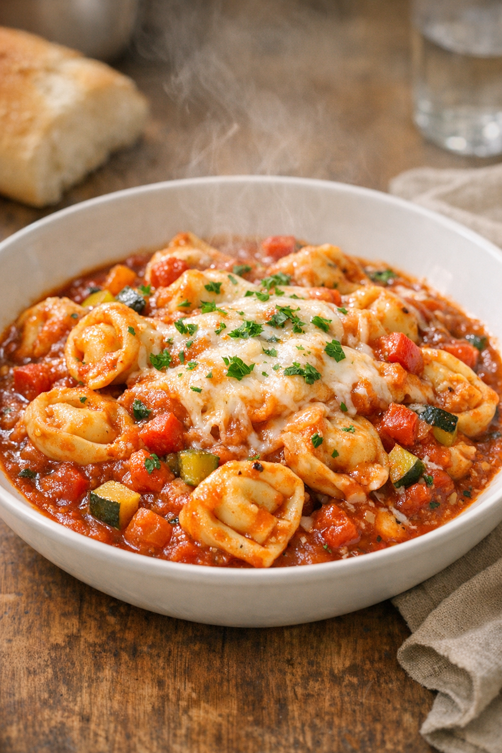 Finished slow cooker tortellini in a serving bowl