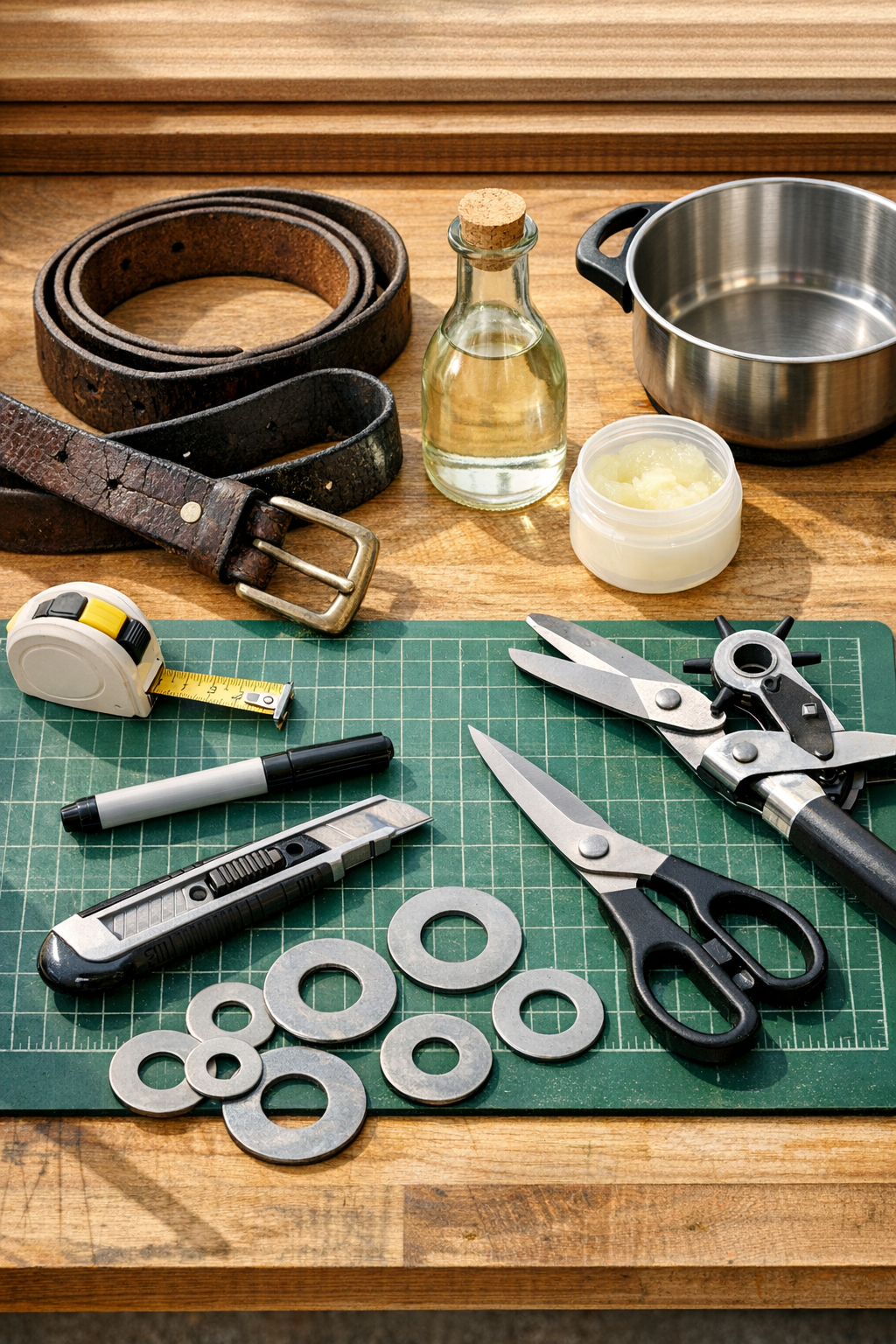Materials for making boiled leather plumbing gaskets laid out on a work surface