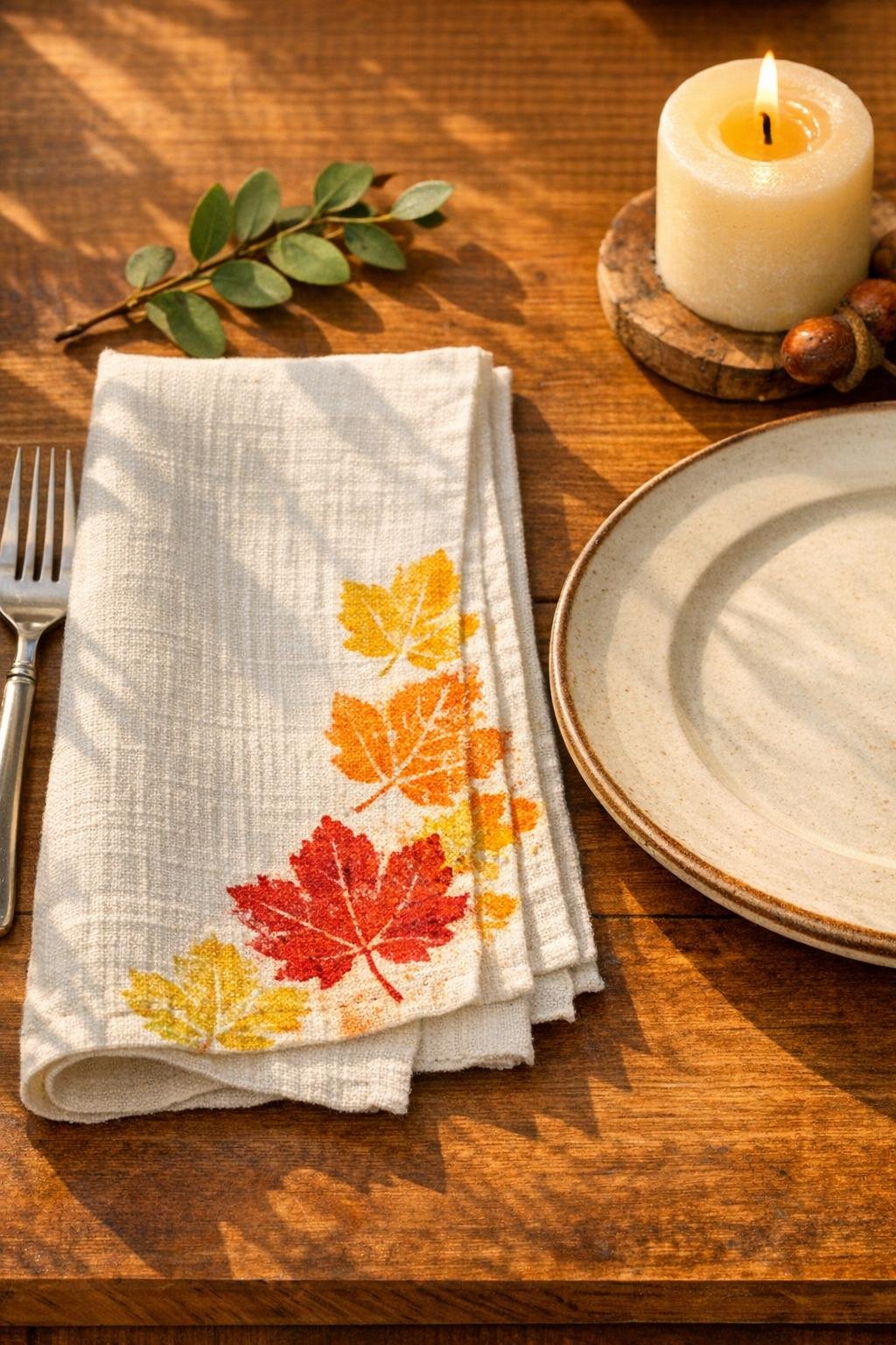Finished hammered leaf print napkin styled for a fall table
