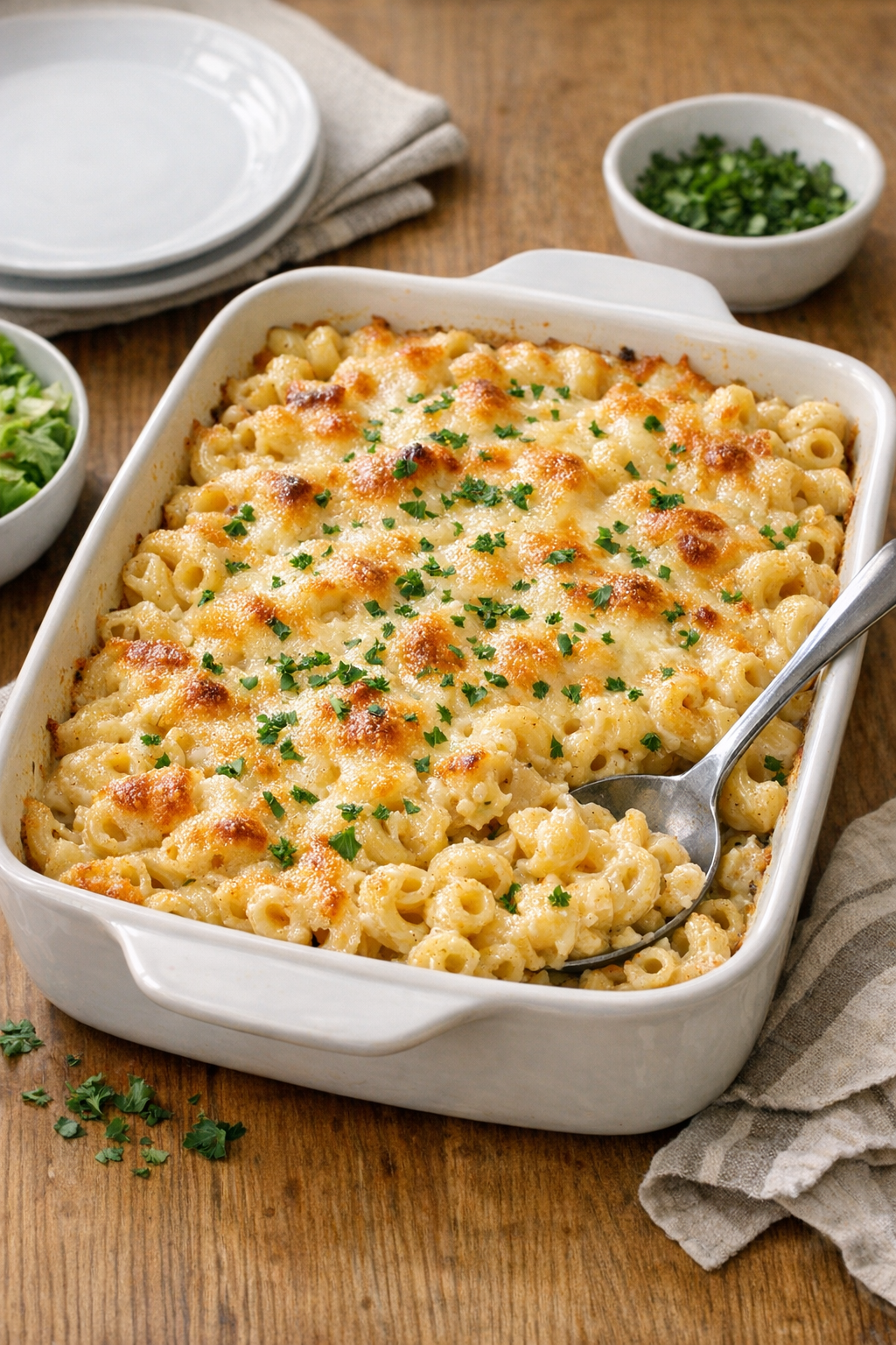 Finished baked Caesar macaroni in a casserole dish