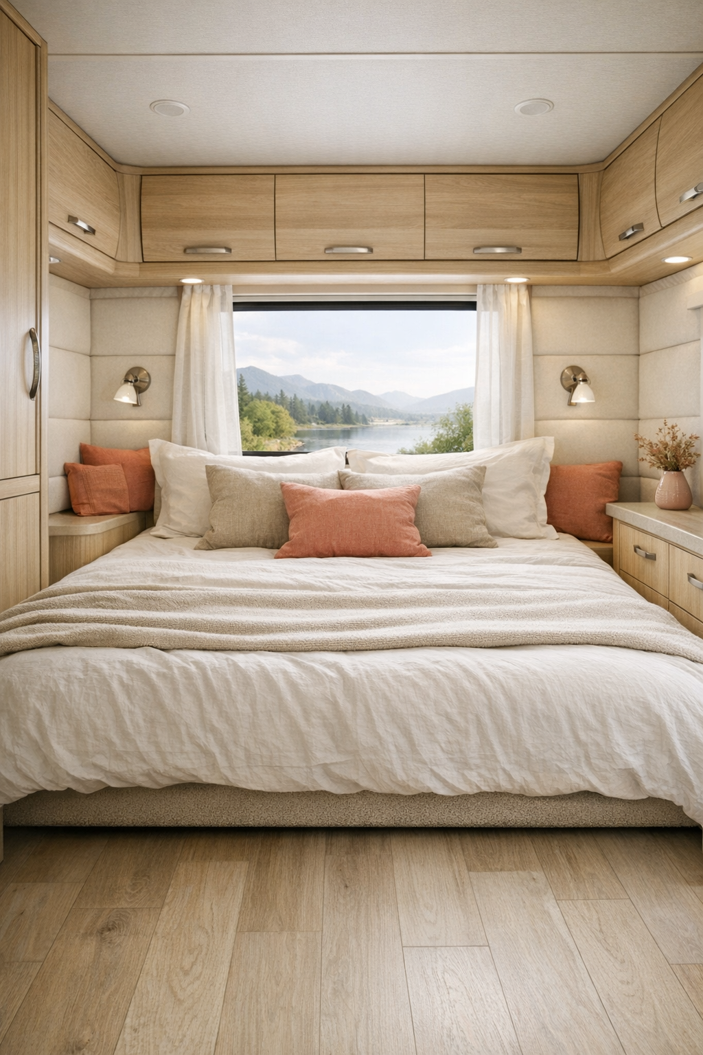 Calm RV bedroom with low bed platform and warm neutral finishes