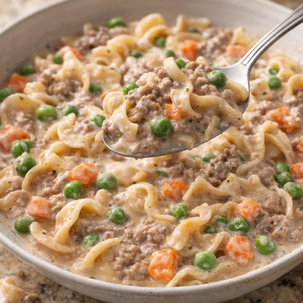 Creamy variation of beef gravy noodles with peas and carrots