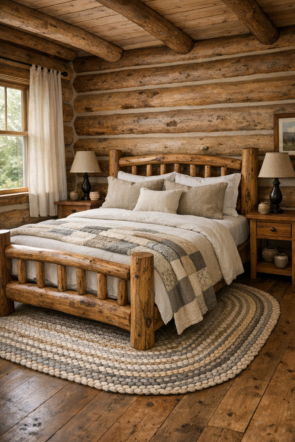 Bedroom with handcrafted wood bed, soft linens, and calm rustic finishes