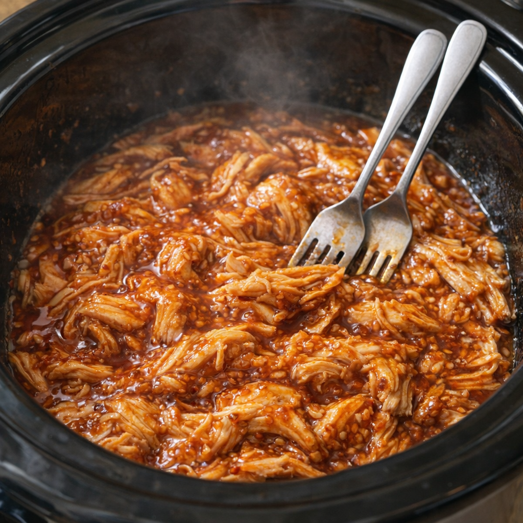 Kipfilet met zoete chilisaus, gesnipperd en bereid in de slowcooker.