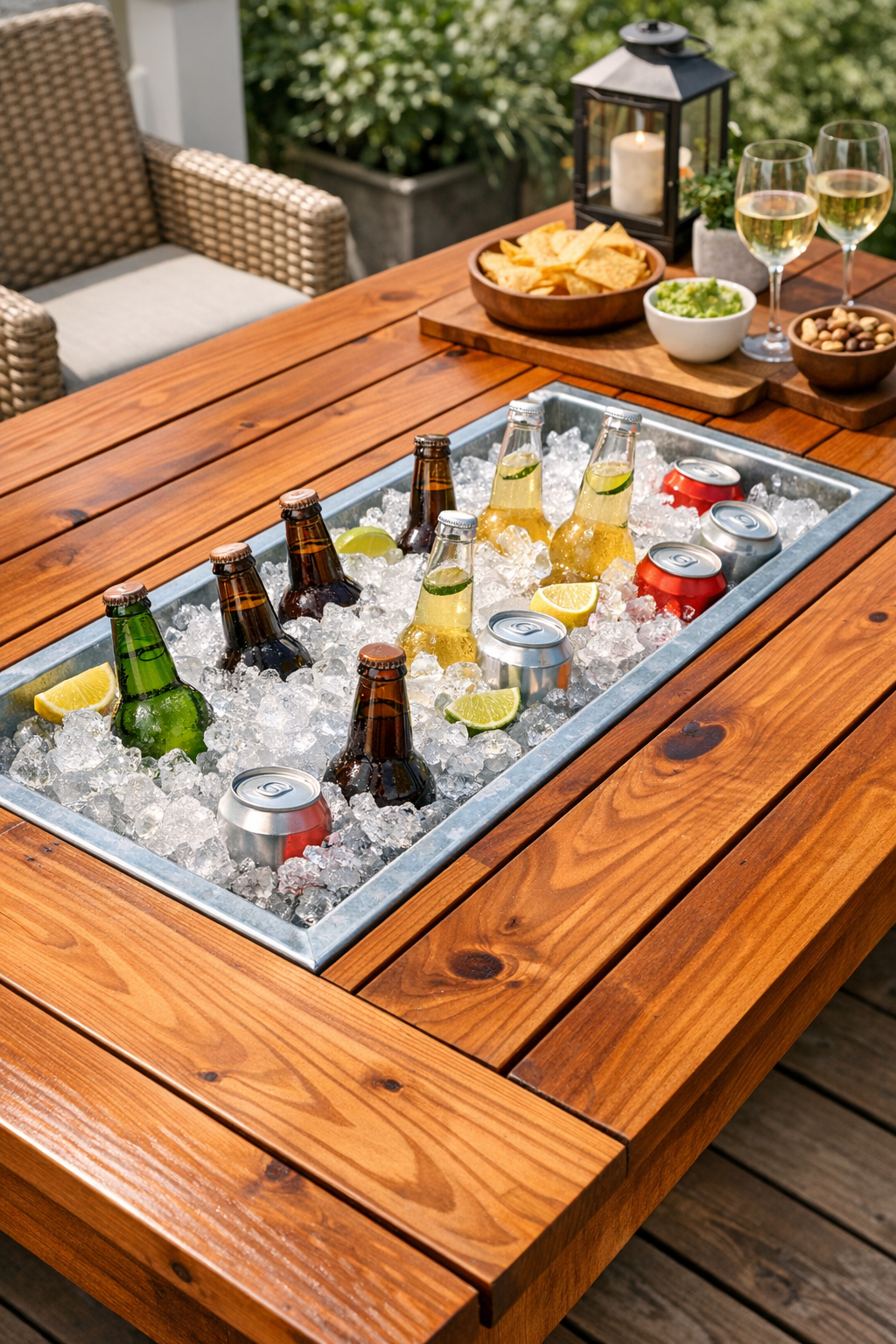 Finished cedar patio ice table with galvanized trough insert