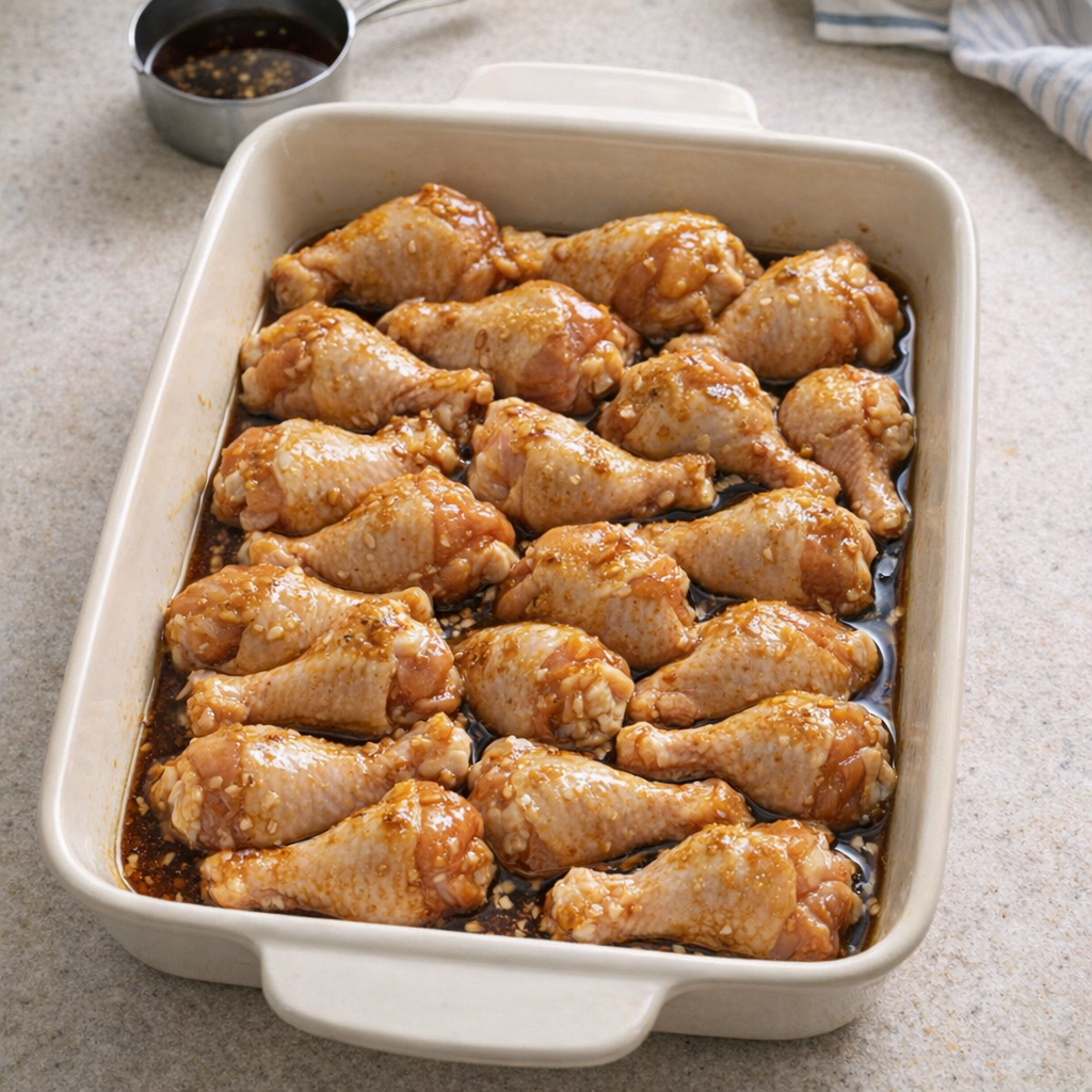 Chicken drumettes in a ceramic baking dish before baking