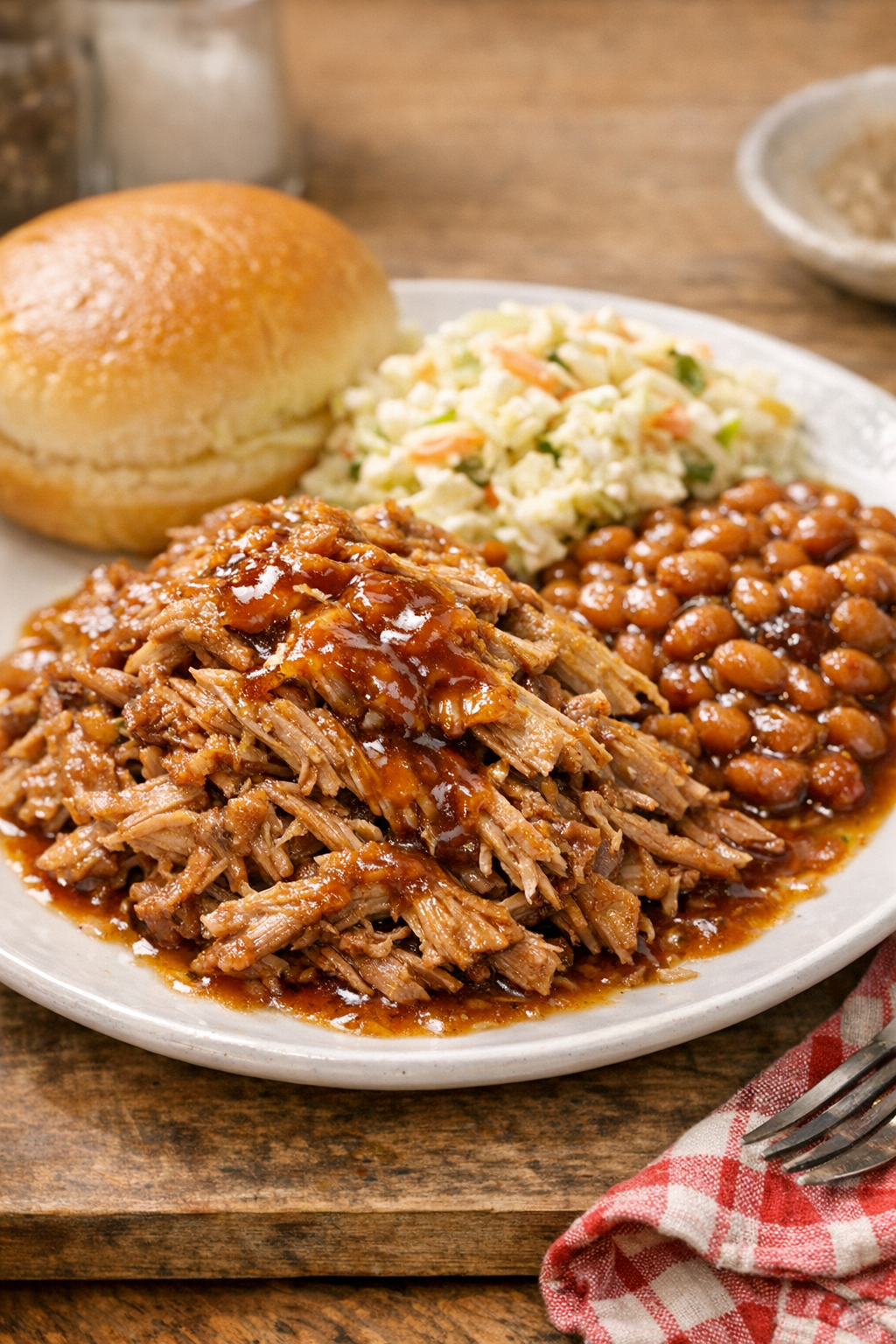 Finished pulled pork plated with sides
