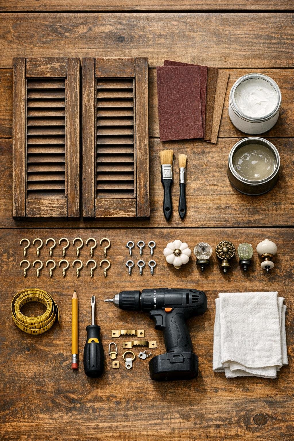 Old shutters and jewelry display materials laid out on a worktable