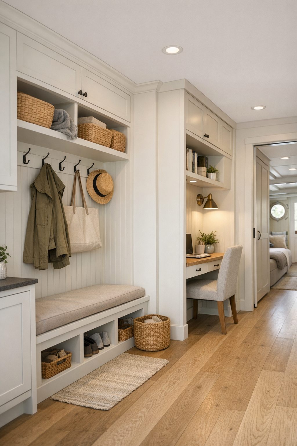 Built-in entry and study nook in a shaker style accessible houseboat