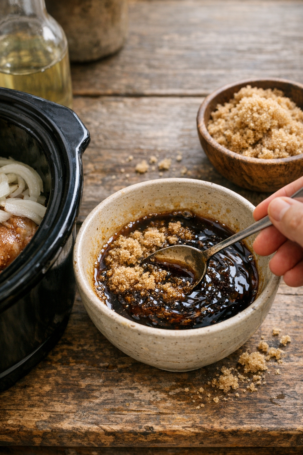Sauce mixture being stirred in a small bowl beside the slow cooker