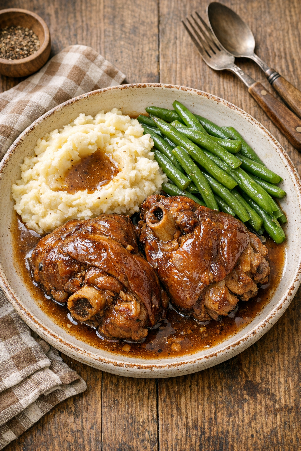 Finished slow cooker pork hocks plated with pan juices