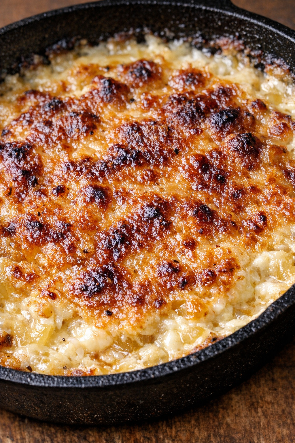 Southern baked onion dip in a cast iron skillet