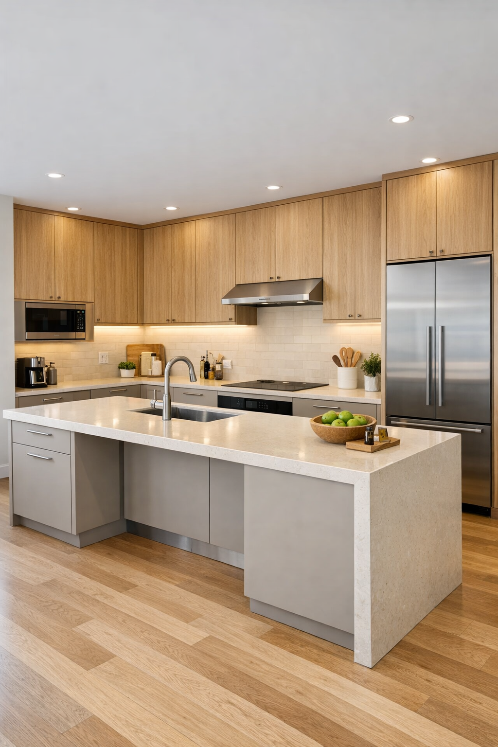 Accessible modern kitchen with a quartz waterfall island, putty cabinetry, white oak accents, and wide pathways