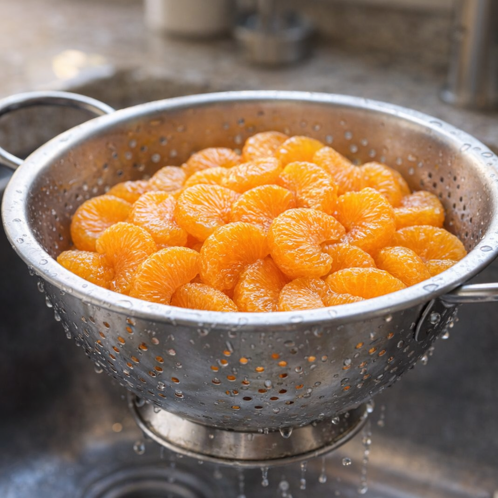 Drained mandarin oranges in a colander