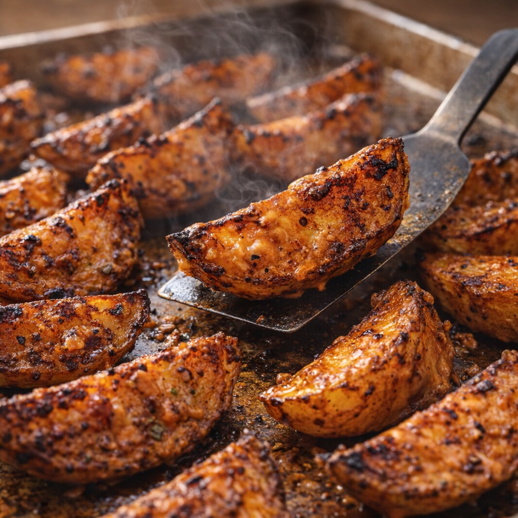 Freshly roasted potato wedges on the pan with crisp browned edges
