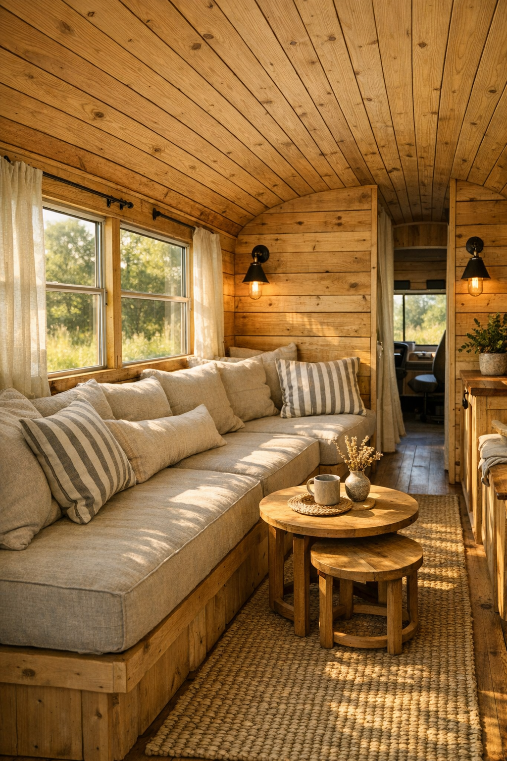 Rustic bus living room with built-in bench seating and sunlit wood interior