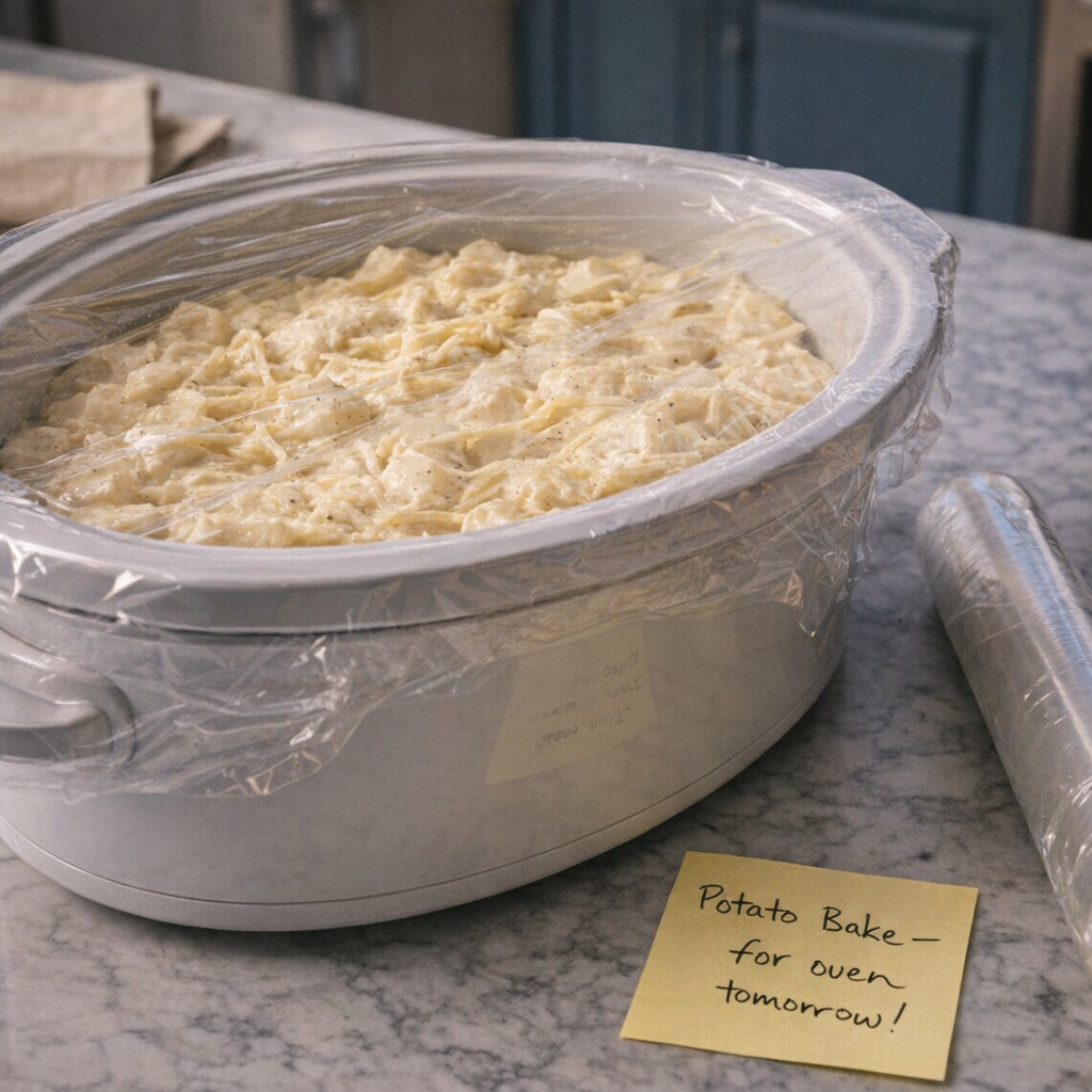 Prepped slow cooker insert ready to refrigerate overnight