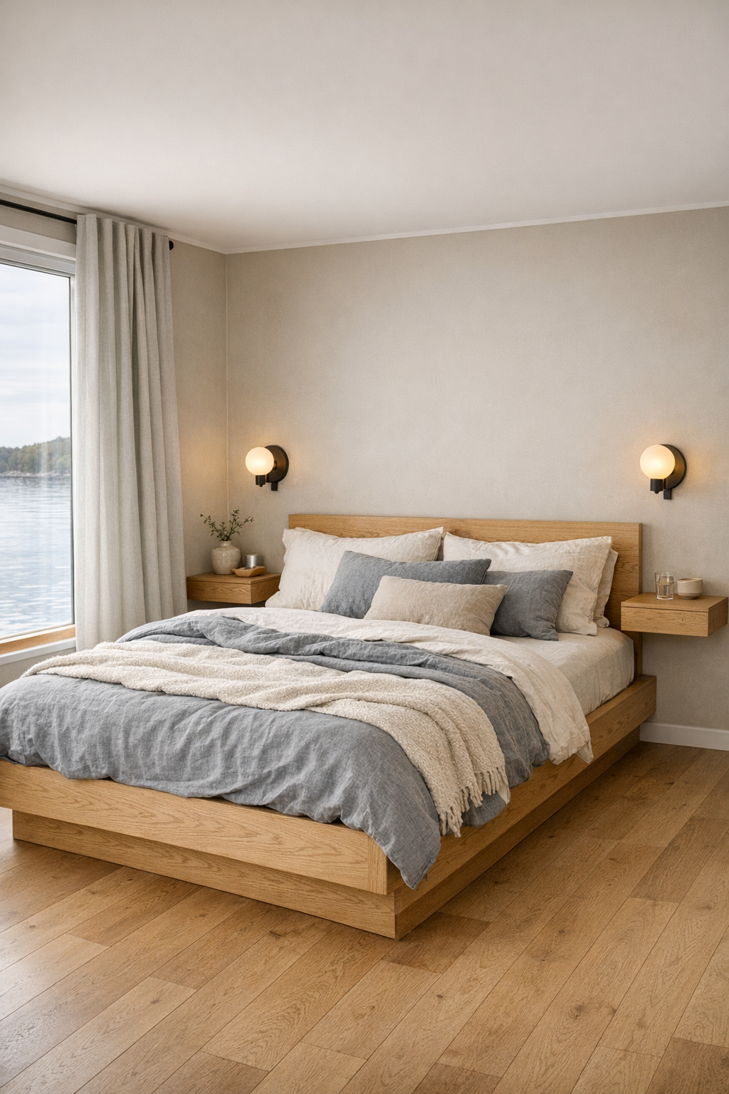 Soft Scandinavian bedroom with a light oak platform bed, linen bedding, and calm neutral walls