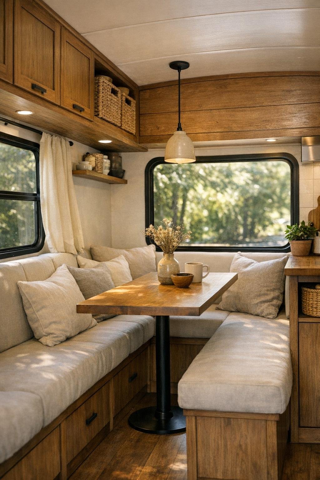Compact bus dining nook with banquette seating by a window