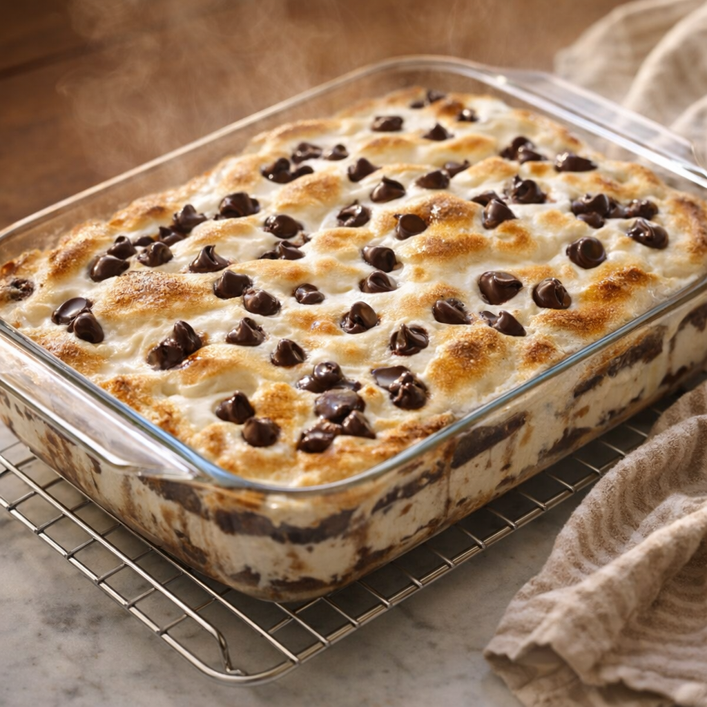 Baked dessert fresh from the oven with puffed edges