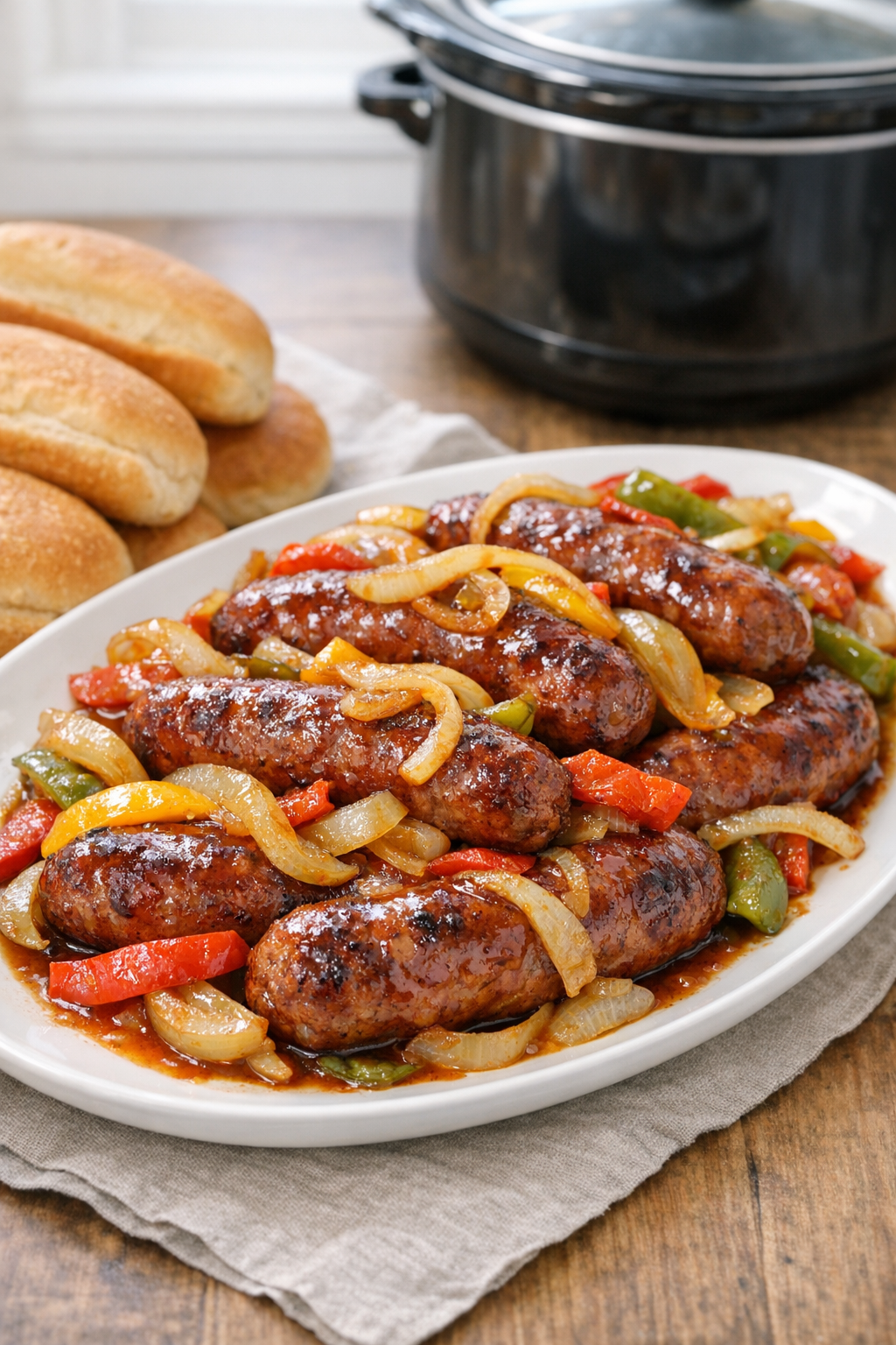 Finished slow cooker bratwurst with peppers and onions plated for serving