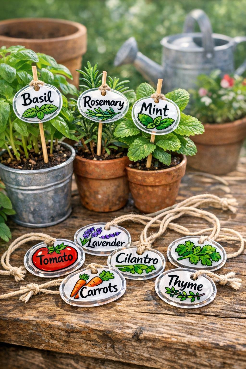 Finished shrink-plastic garden markers attached to skewers and twine