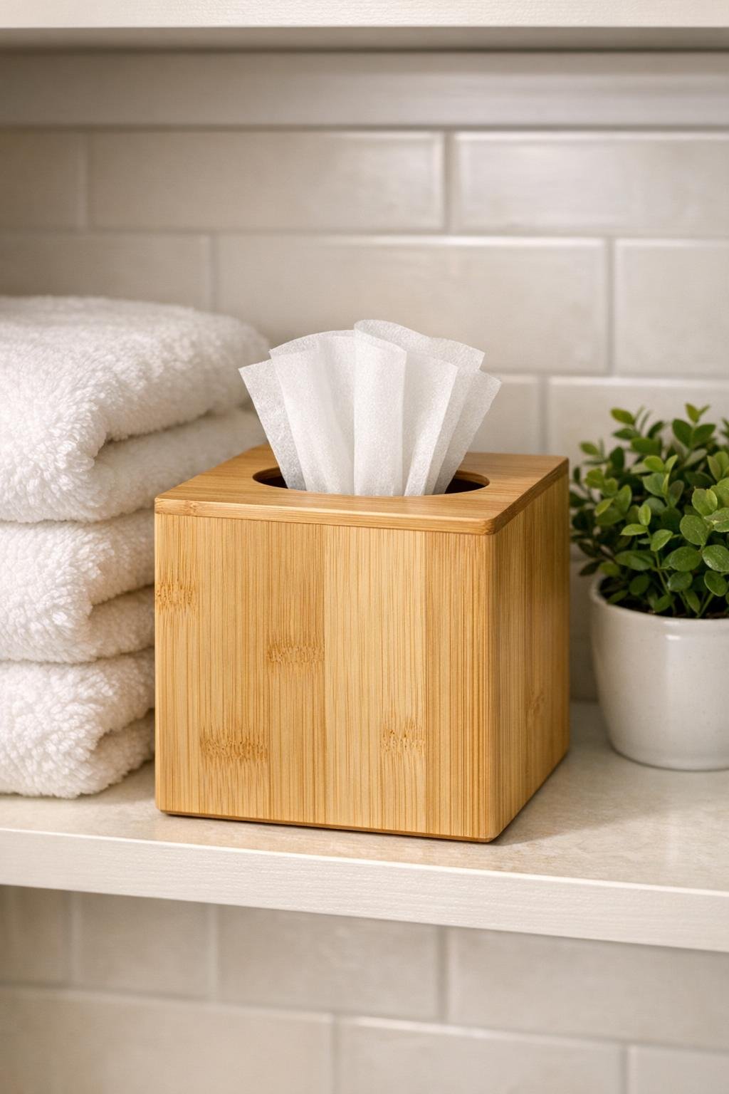 Finished bamboo dryer sheet holder styled on a laundry room shelf