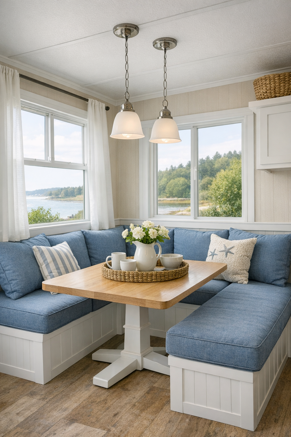 Coastal dining nook with built-in seating, light wood table, and sunny windows