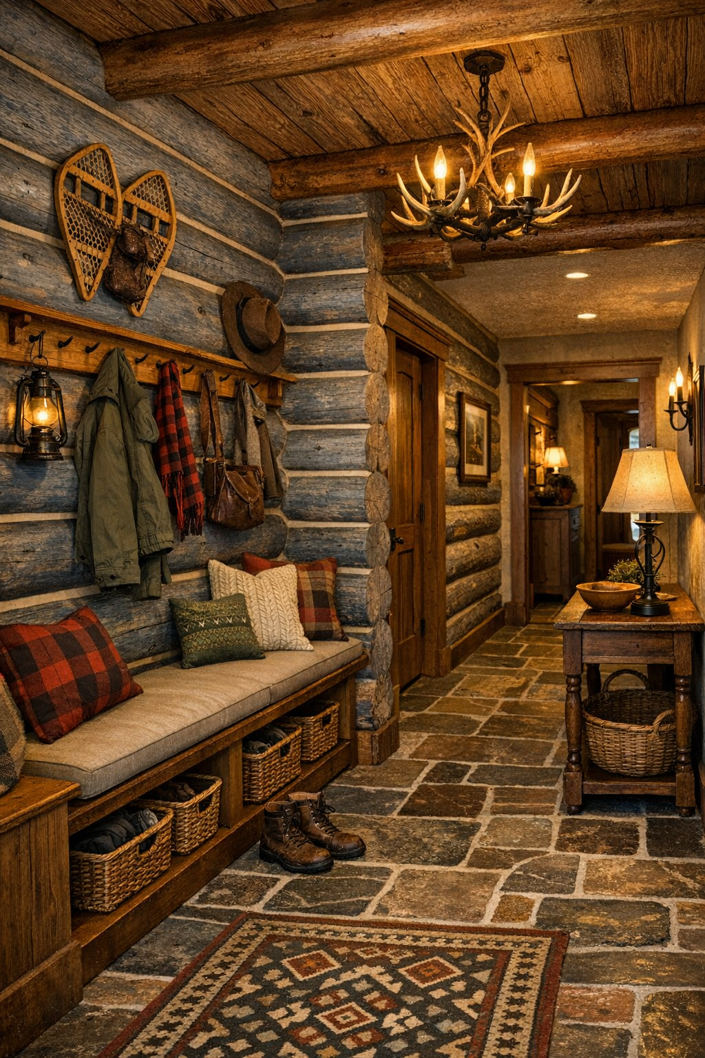 Warm log home entry and hallway with built-ins and traditional rustic details