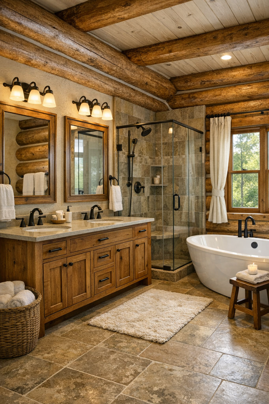 Rustic bathroom with warm wood vanity, soaking tub, and stone finishes