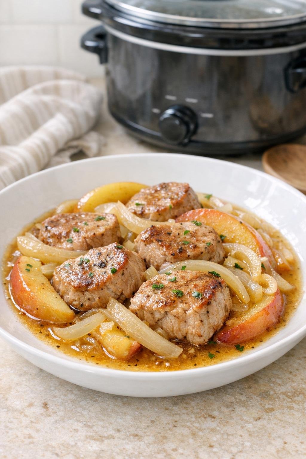Varkensmedaillons met appel en ui, bereid in de slowcooker, zijn klaar.
