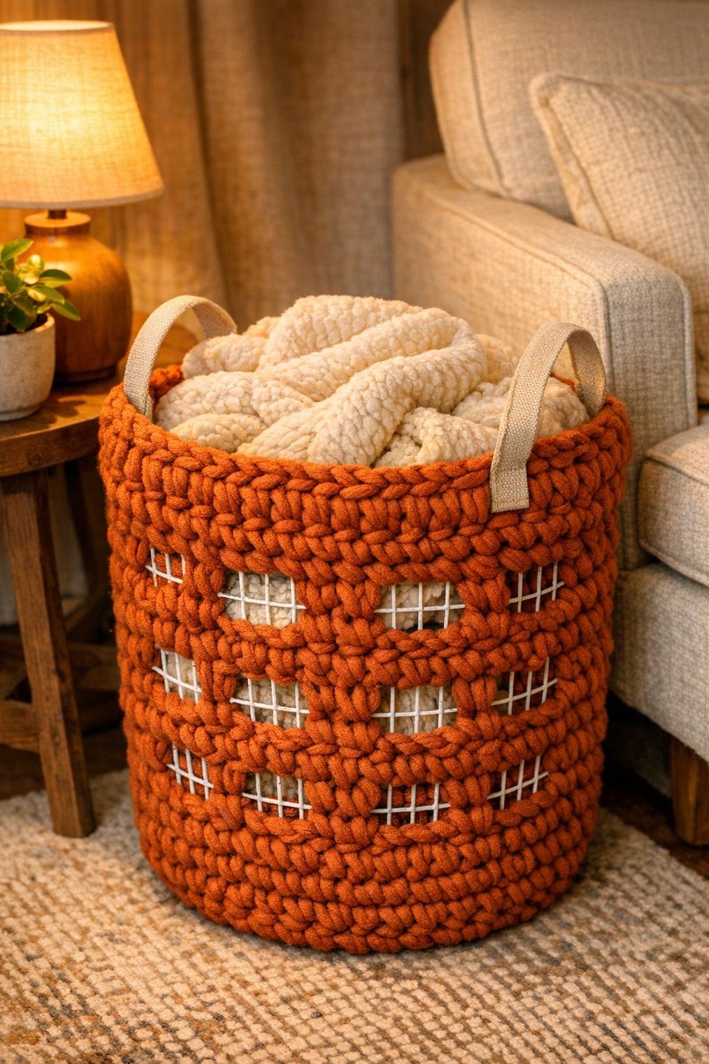 Finished crochet storage tote made from a white wire trash can styled in a cozy living room